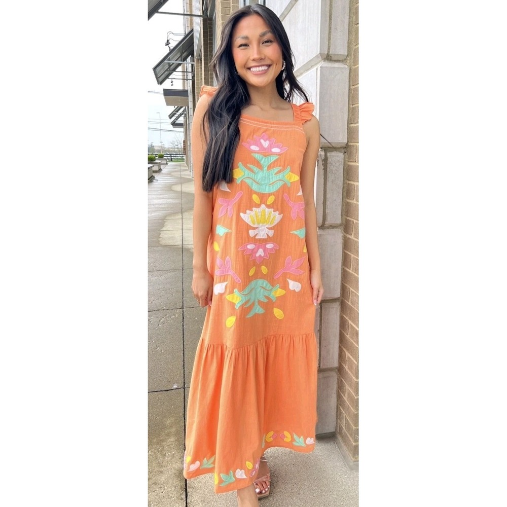 See & Be Seen Maxi Appliqued Embroidered Square Neck Boho Chic Beach Coastal S
